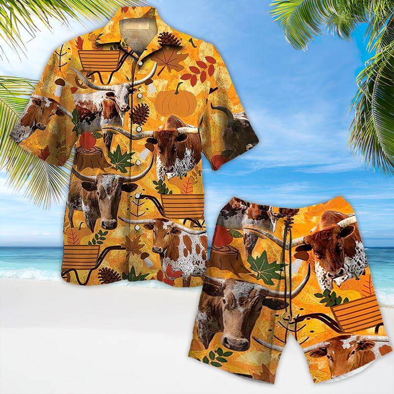 Cow Aloha Hawaiian Shirts For Summer, Highland Cattle Autumn Leaf Pattern Hawaiian Set For Men Women, Gift For Friend, Farmer, Harvest Day - Amzanimalsgift