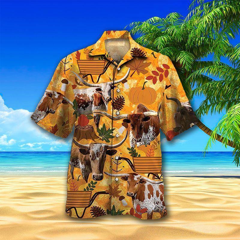 Cow Aloha Hawaiian Shirts For Summer, Highland Cattle Autumn Leaf Pattern Hawaiian Set For Men Women, Gift For Friend, Farmer, Harvest Day - Amzanimalsgift
