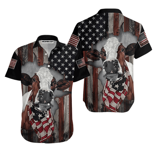 Cow American Flag Patriotic Aloha Hawaiian Shirts For Men Women, USA Flag Hawaiian Shirt, 4th July Gift For Summer, Friend, Family, Independence Day - Amzanimalsgift