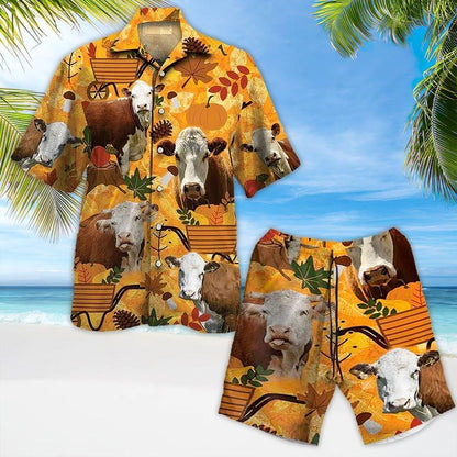 Cow Cattle Aloha Hawaiian Shirt - Cow Cattle Set Autumn Pattern Hawaiian Shirt, Autumn Leaves Hawaiian Shirt For Men & Women, Cow Lover - Amzanimalsgift