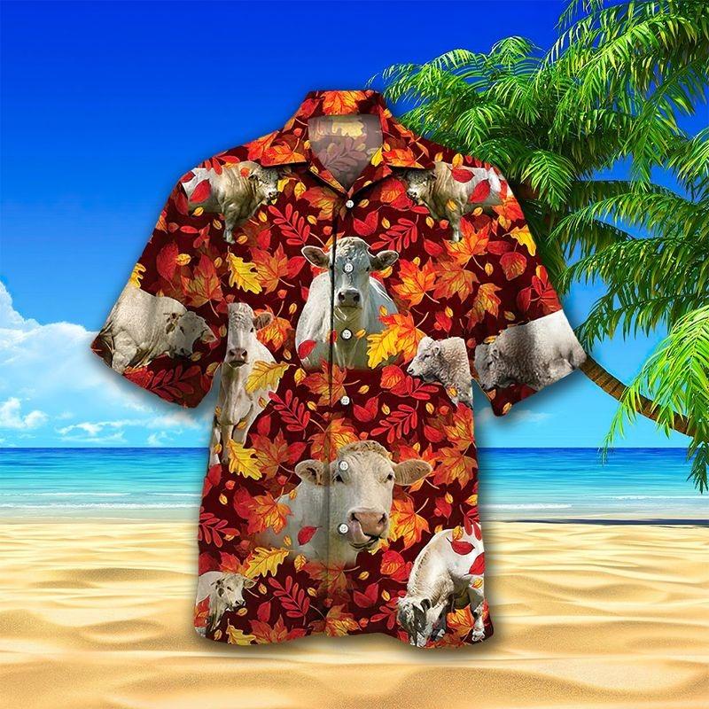 Cow Cattle Aloha Hawaiian Shirt - Cow Farm Pattern Hawaiian Shirt, Autumn Leaf Pattern Hawaiian Shirt For Men & Women, Cow Lover - Amzanimalsgift