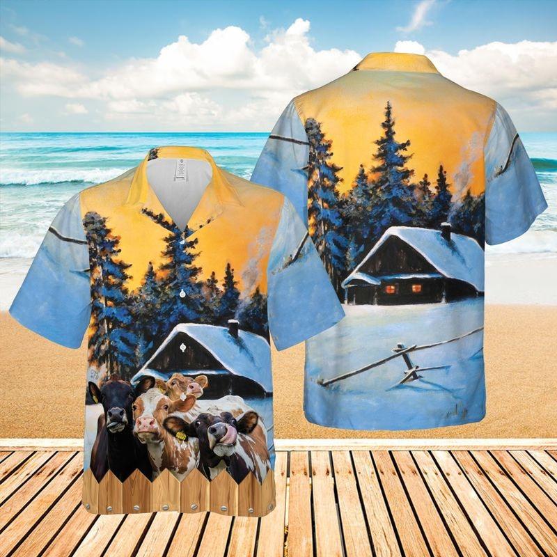 Cow Cattle Aloha Hawaiian Shirt - Funny Cow Winter Farmhouse Hawaiian Shirt, Christmas Is Coming To Farm Hawaiian Shirt For Men & Women, Cow Lover - Amzanimalsgift