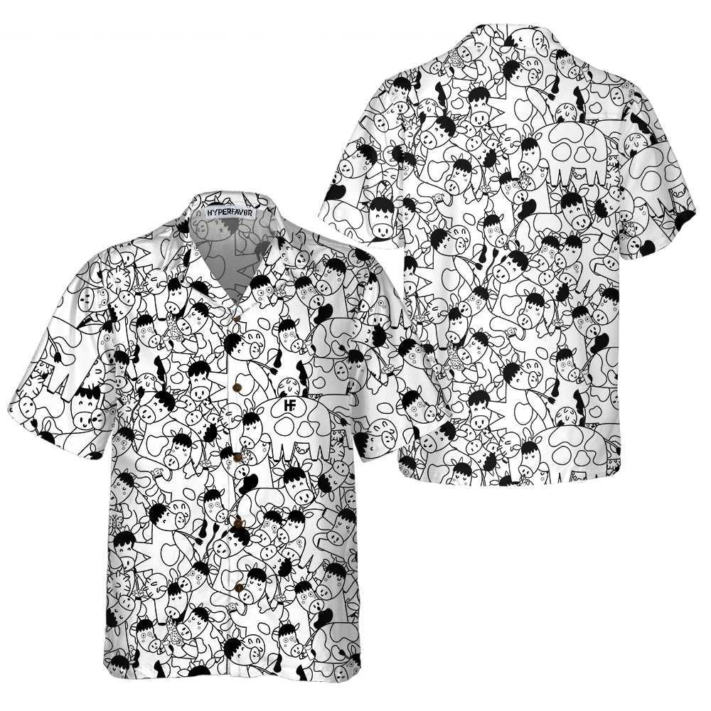 Cow Hawaiian Shirt, Funny Cow Doodle Pattern Aloha Shirt For Men Women - Perfect Gift For Cow Lovers, Husband, Boyfriend, Friend, Family, Wife - Amzanimalsgift