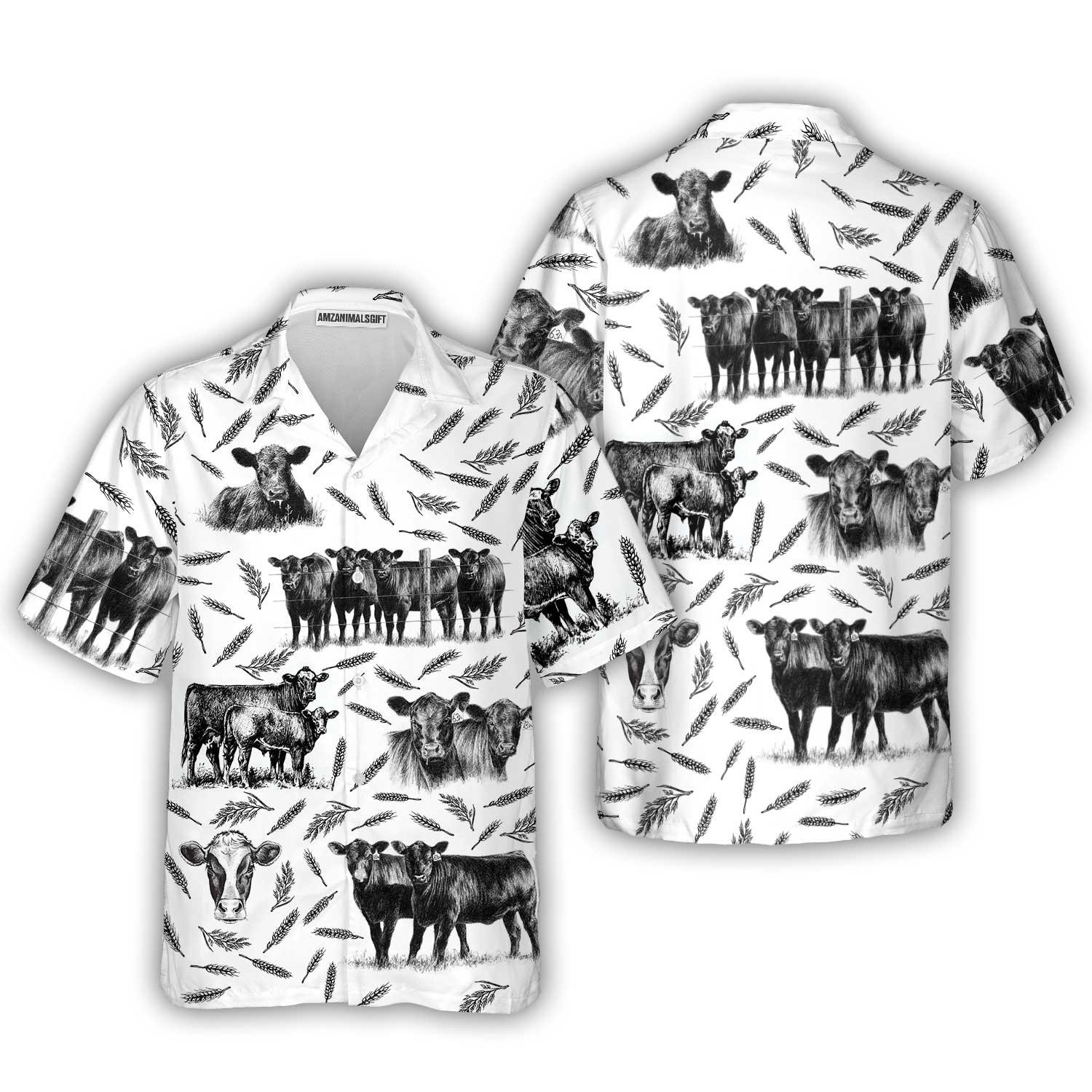 Cow Hawaiian Shirt, Monochrome Black Angus And Wheat Pattern Aloha Shirt For Men Women - Perfect Gift For Cow Lovers, Husband, Friend, Family - Amzanimalsgift