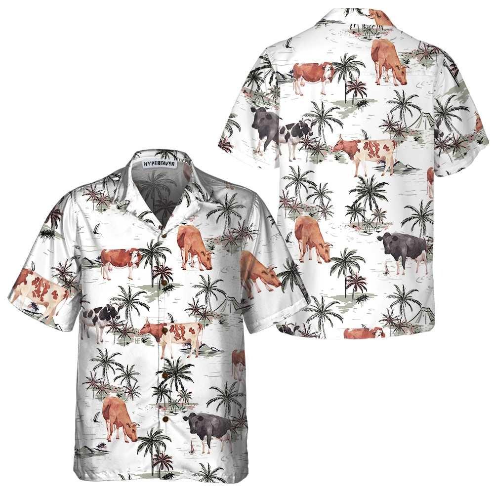 Cow Hawaiian Shirt, Tropical Island And Cows Aloha Shirt For Men Women - Perfect Gift For Cow Lovers, Husband, Boyfriend, Friend, Family, Wife - Amzanimalsgift