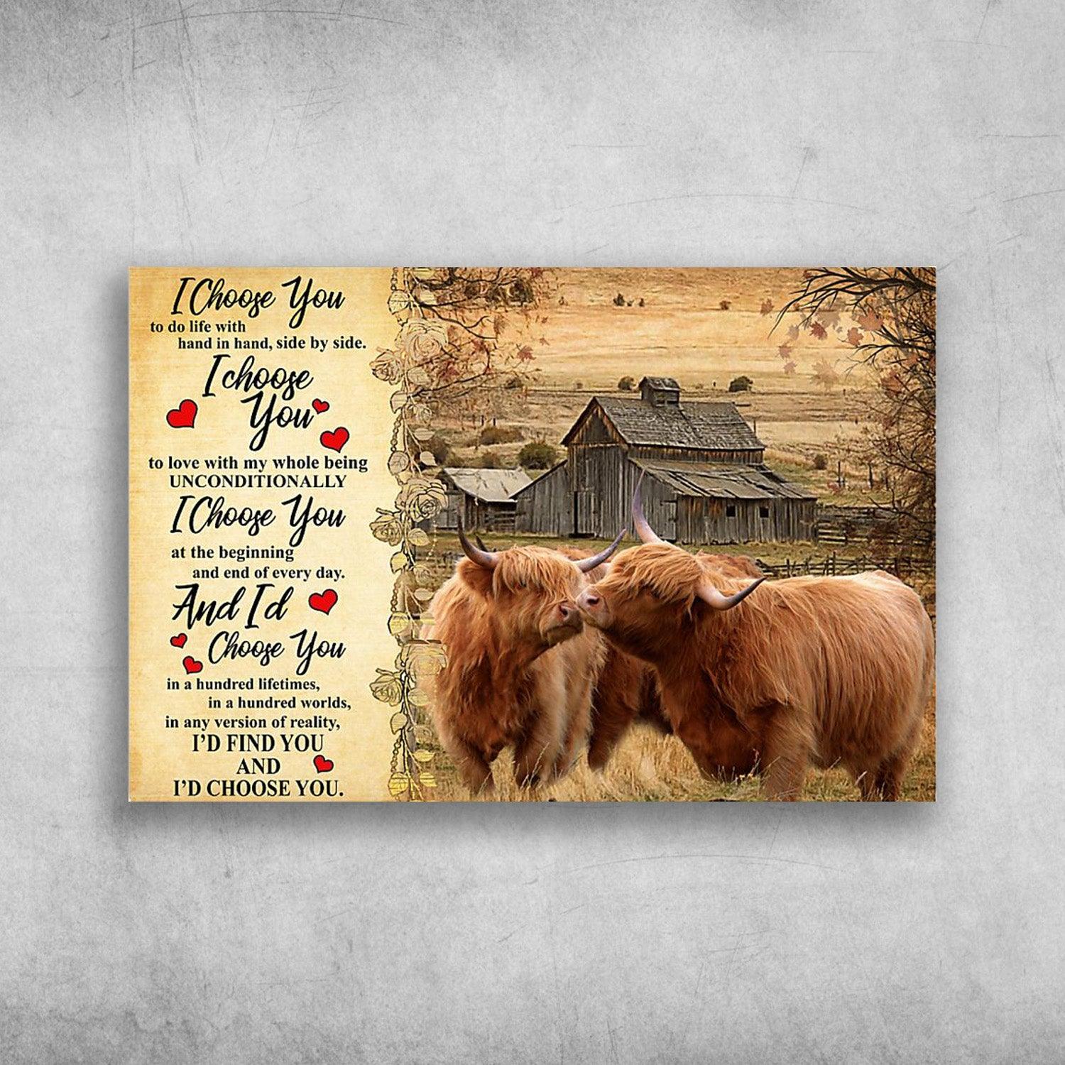 Cow Landscape Canvas - Higland Cattle I Choose You To Do Life With Hand In Hand Side By Side - Gift For Couple, Husband, Wife, Girlfriend, Boyfriend - Amzanimalsgift