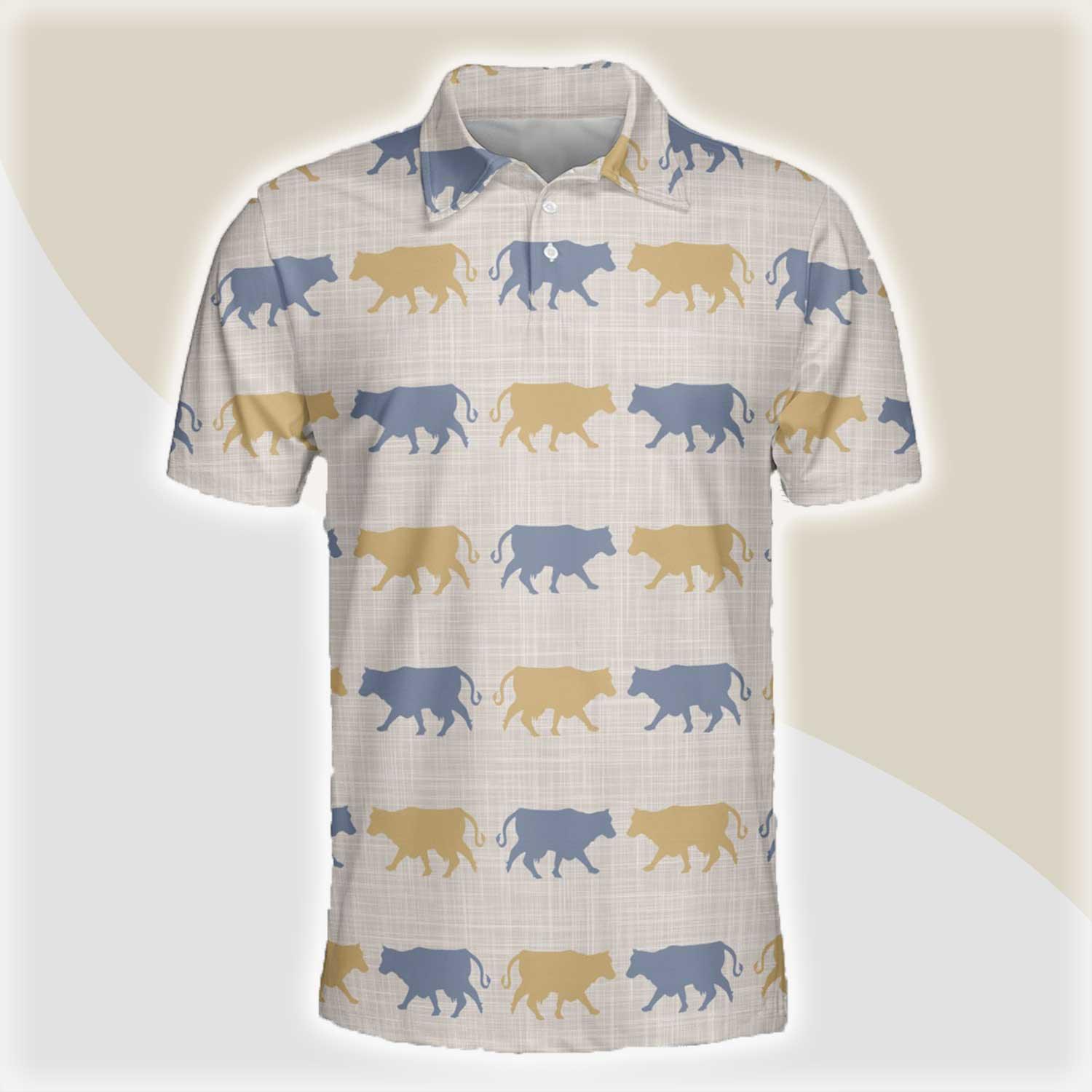 Cow Men Polo Shirts For Summer - Cow Silhouette Pattern Button Shirts For Men - Perfect Gift For Cow Lovers, Cattle Lovers - Amzanimalsgift