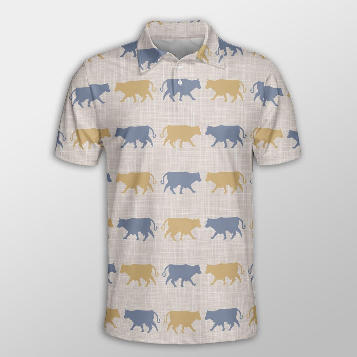 Cow Men Polo Shirts For Summer - Cow Silhouette Pattern Button Shirts For Men - Perfect Gift For Cow Lovers, Cattle Lovers - Amzanimalsgift
