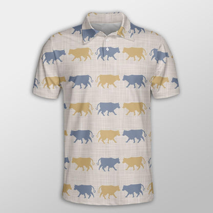 Cow Men Polo Shirts For Summer - Cow Silhouette Pattern Button Shirts For Men - Perfect Gift For Cow Lovers, Cattle Lovers - Amzanimalsgift