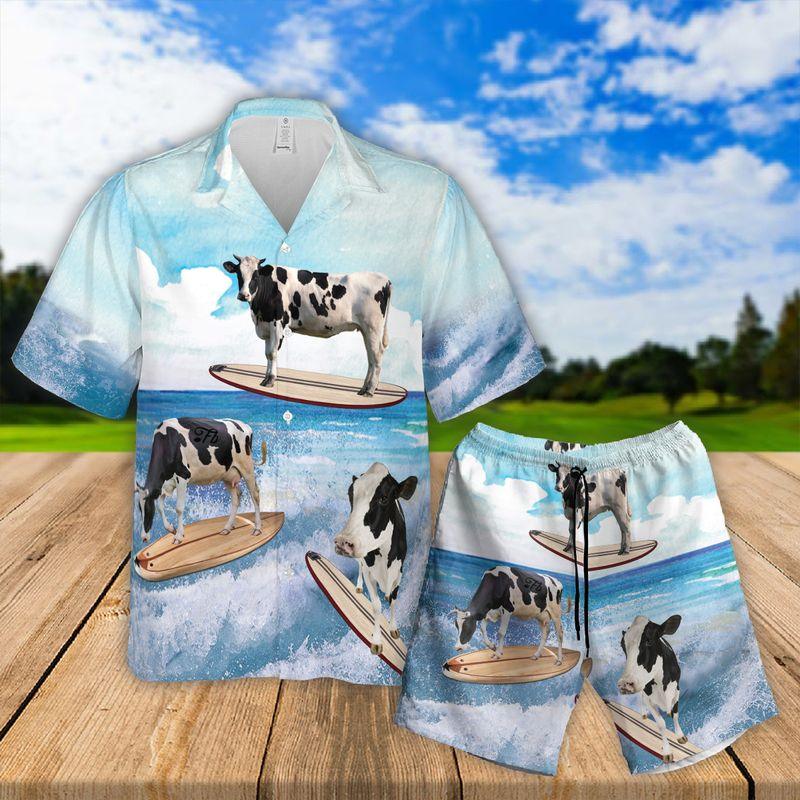 Cow Surfing Aloha Hawaiian Shirts For Summer - Dairy Cow Beach Art Hawaiian Set Vacation Outfits For Men Women - Gift For Cow Surfing Lovers, Farmer - Amzanimalsgift