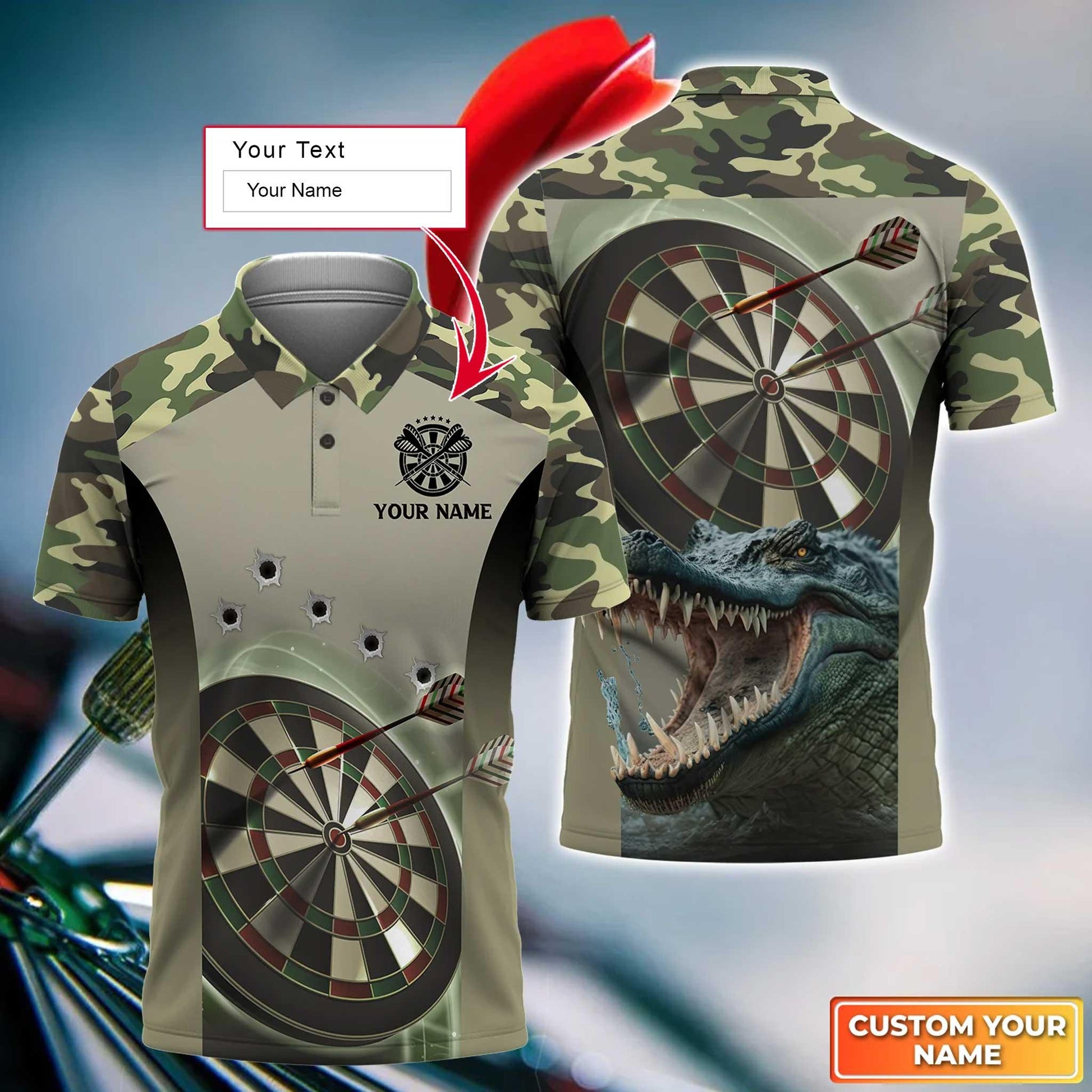 Crocodile And Darts Custom Name Men Polo Shirt, Camo Bullseye Dartboard Personalized Men Polo Shirt Gift For Darts Lovers, Friend, Team - Amzanimalsgift