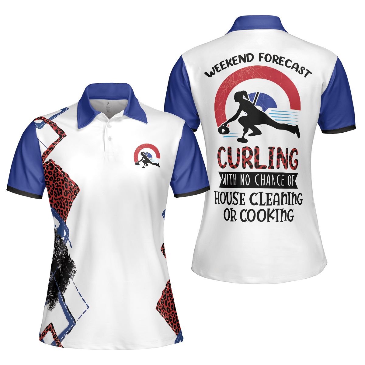Curling Women Polo Shirt, Weekend Forecast Curling, Red Leopard Pattern Women Polo Shirts, Perfect Gift For Female, Ladies, Girls, Curling Lovers - Amzanimalsgift