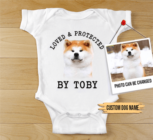 Custom Akita Inu Baby Onesies, Loved & Protected By Custom Dog Baby Onesies, Personalized Onesies, Newborn Onesies - Perfect Gift For Baby, Baby Gift Onesie - Amzanimalsgift