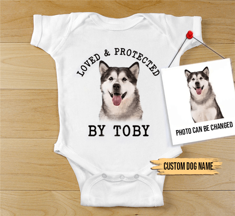 Custom Alaskan Malamute Baby Onesies, Loved & Protected By Custom Dog Baby Onesies, Personalized Onesies, Newborn Onesies - Perfect Gift For Baby, Baby Gift Onesie - Amzanimalsgift