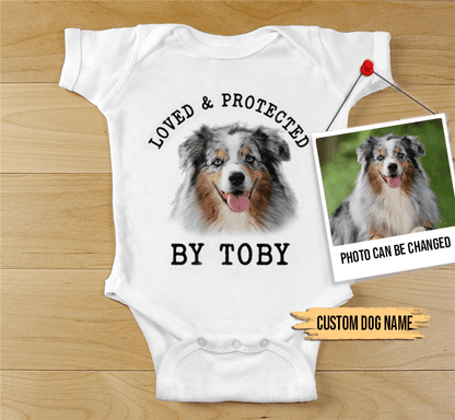 Custom Australian Shepherd Baby Onesies, Loved & Protected By Custom Dog Baby Onesies, Personalized Onesies, Newborn Onesies - Perfect Gift For Baby, Baby Gift Onesie - Amzanimalsgift