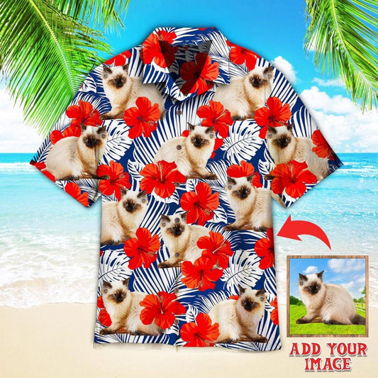 Custom Baby Cat With Red Flower Tropical Custom Hawaiian Shirt, Custom Animal Hawaiian Shirt, Personalized Hawaiian Shirts, Custom Photo Hawaiian Shirt - Amzanimalsgift