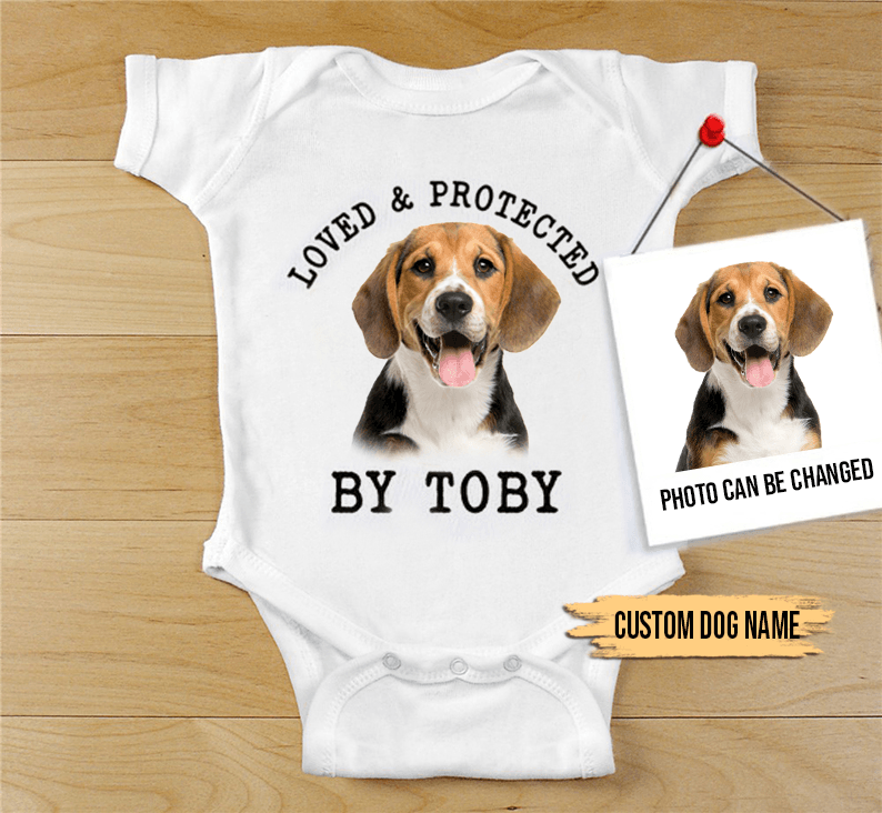 Custom Beagle Baby Onesies, Loved & Protected By Custom Dog Baby Onesies, Personalized Onesies, Newborn Onesies - Perfect Gift For Baby, Baby Gift Onesie - Amzanimalsgift