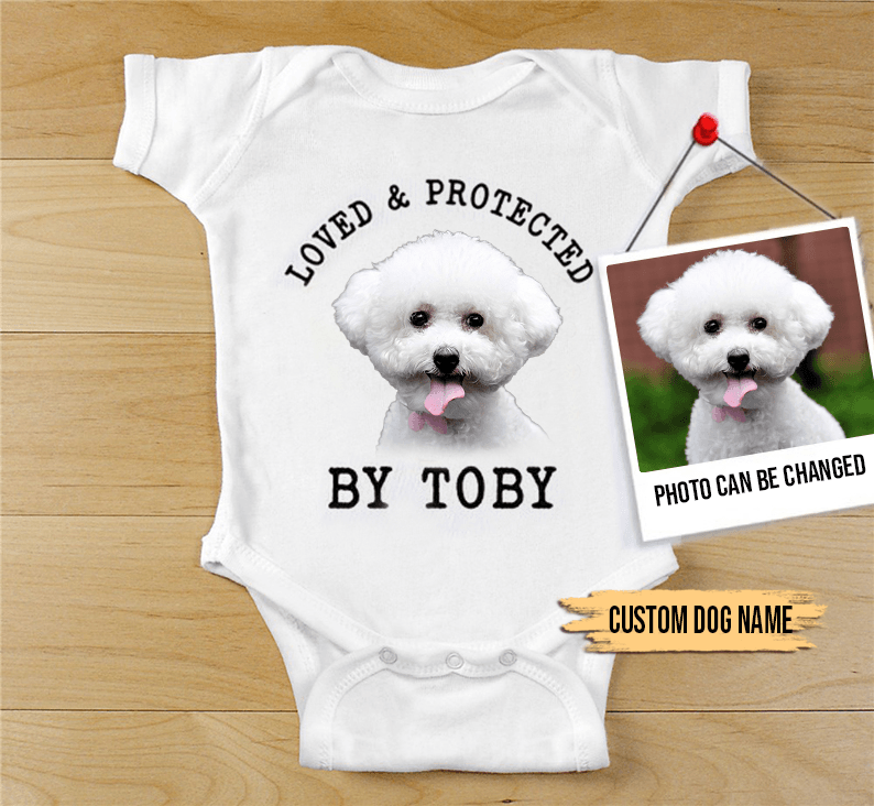 Custom Bichon Frise Baby Onesies, Loved & Protected By Custom Dog Baby Onesies, Personalized Onesies, Newborn Onesies - Perfect Gift For Baby, Baby Gift Onesie - Amzanimalsgift