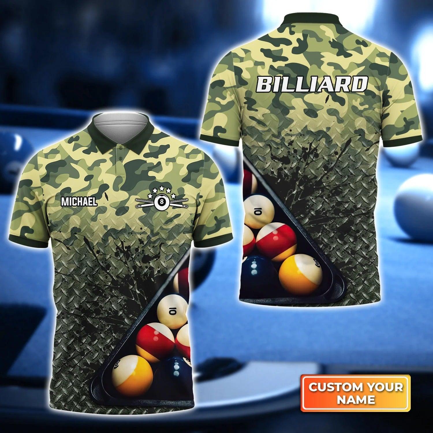 Custom Billiard Men Polo Shirt - 8-Ball Billiard, Green Camo Billiard Personalized Name Polo Shirt Gift For Men, Billiard Players, Billiard Lover - Amzanimalsgift