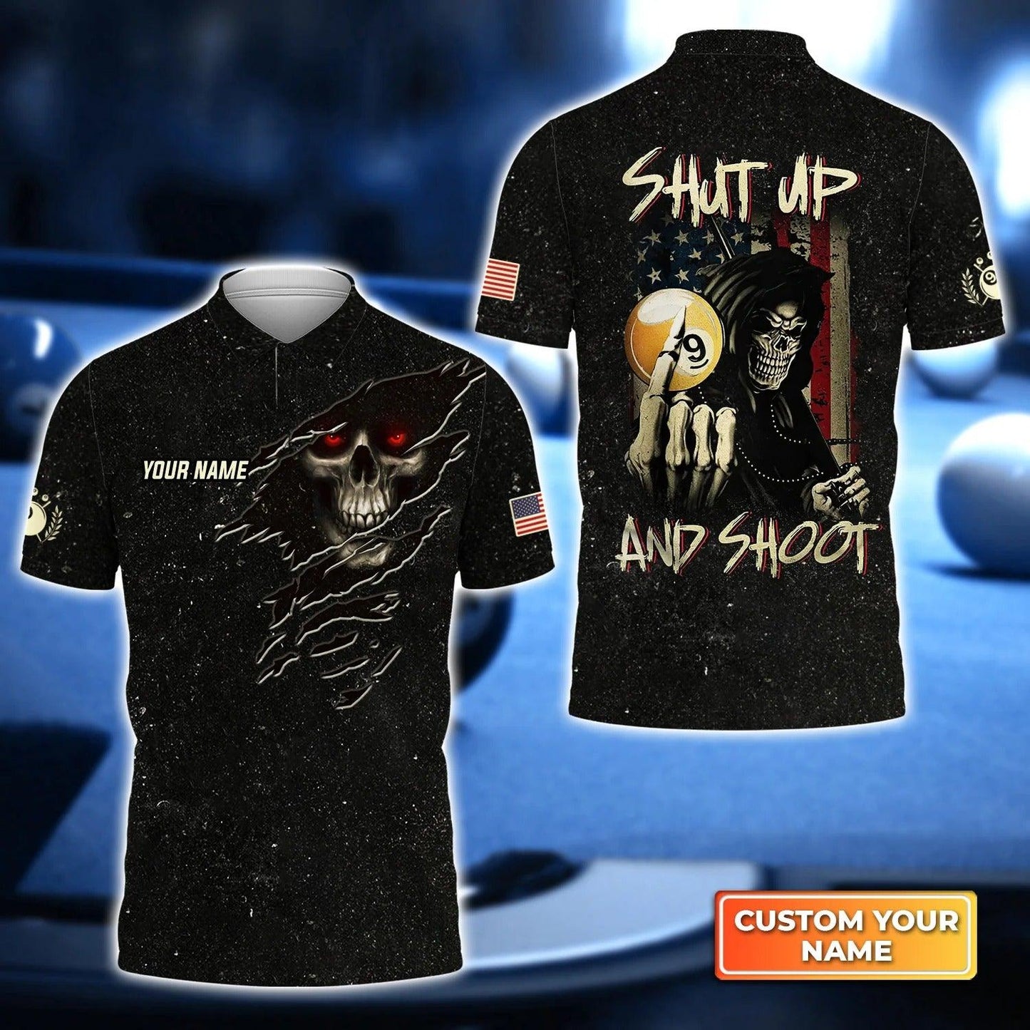 Custom Billiard Men Polo Shirt - Billiard Pool 9 Ball Skull Shut Up And Shoot Personalized Name, Perfect Billiard Polo Shirt For Men, Billiard Players - Amzanimalsgift