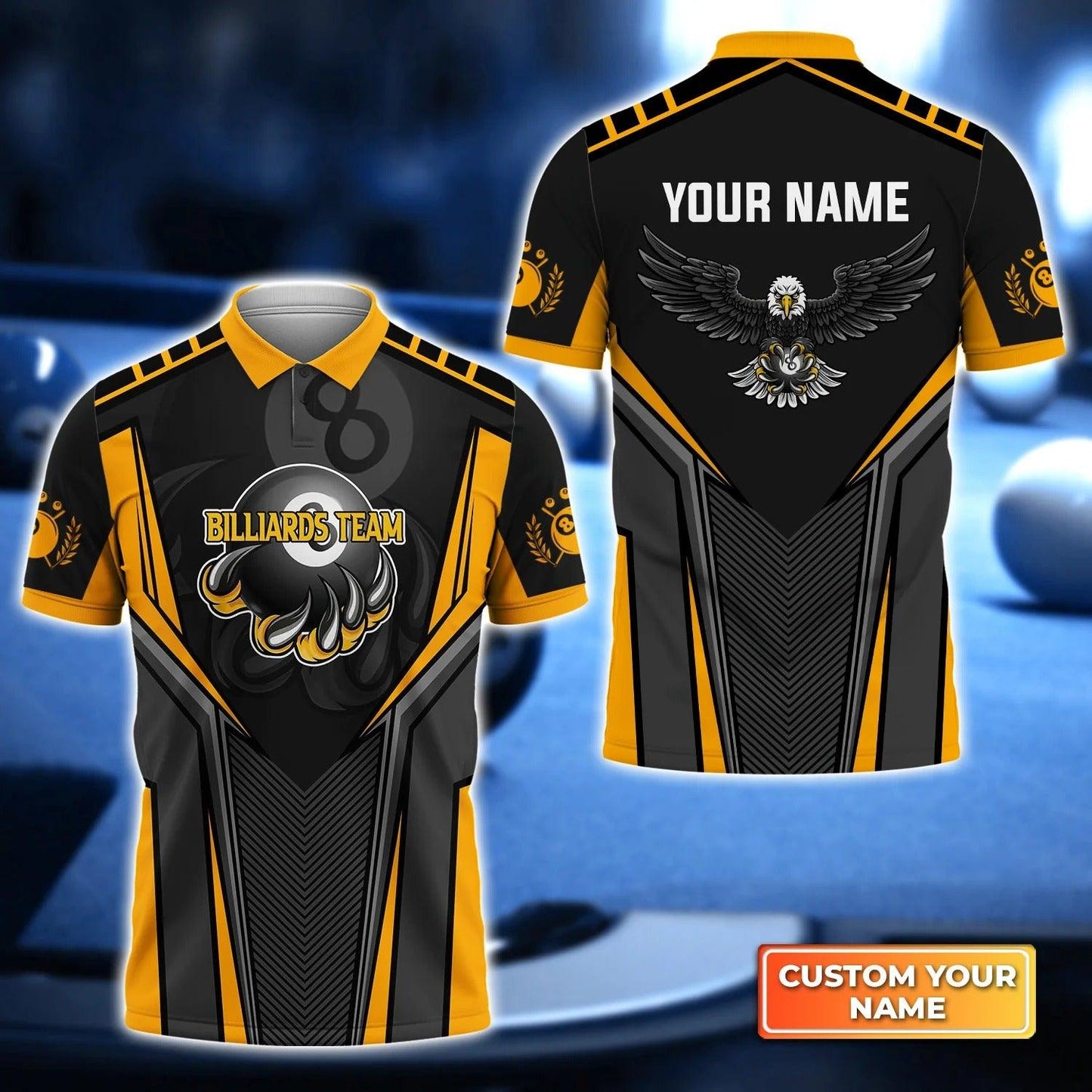 Custom Billiard Men Polo Shirt - Black Eagle Billiards Teams 8 Ball Personalized Name Polo Shirt, Perfect Billiard Polo Shirt For Men, Billiard Players - Amzanimalsgift
