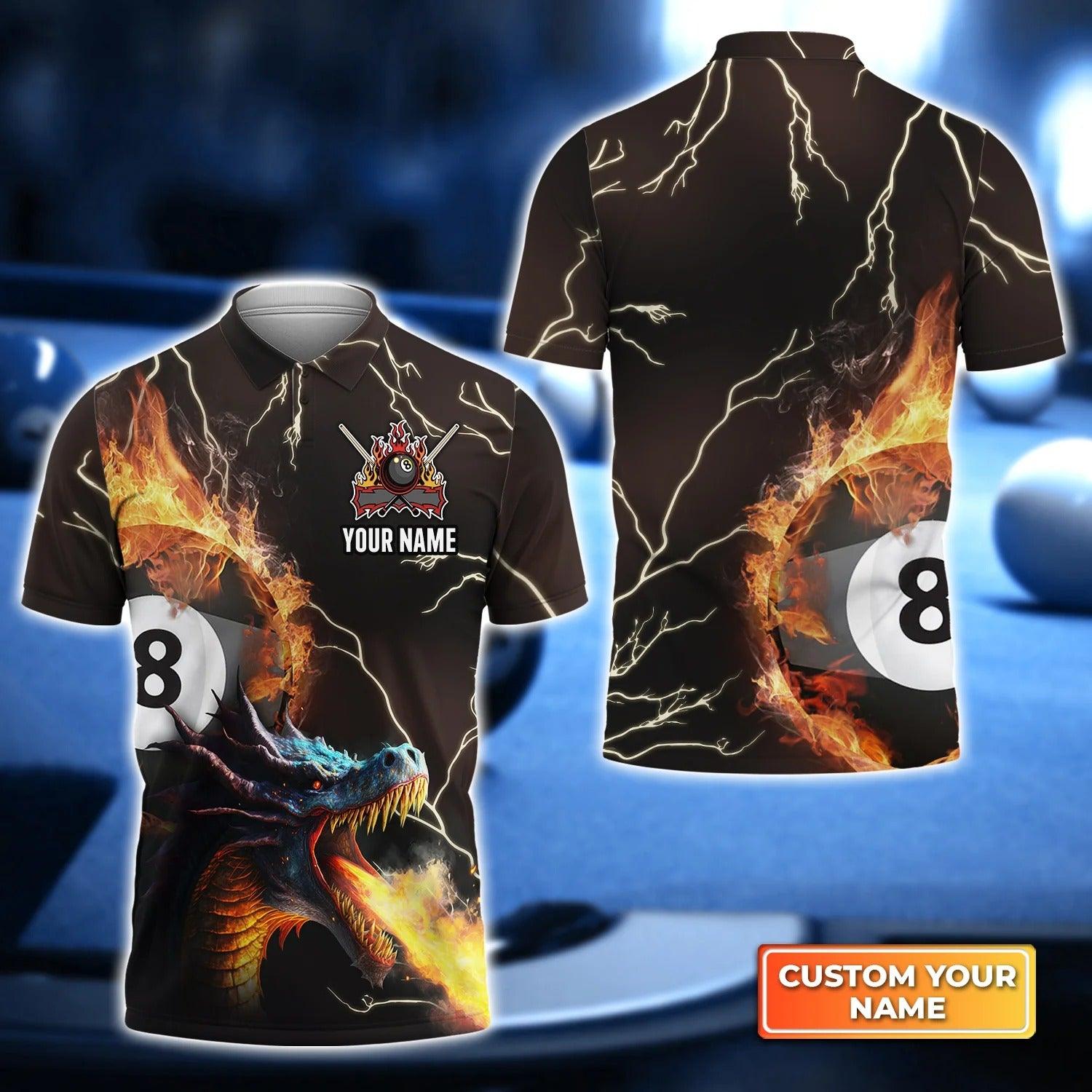 Custom Billiard Men Polo Shirt - Dragon On Fire Billiard Pool 8 Balls Personalized Name, Perfect Billiard Polo Shirt For Men, Billiard Players - Amzanimalsgift