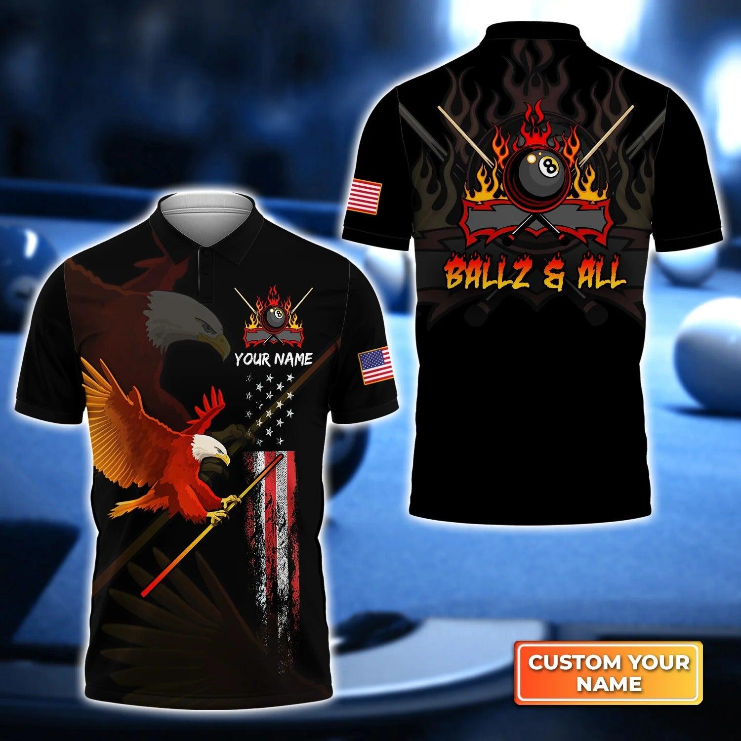 Custom Billiard Men Polo Shirt - Eagle BALLZ & ALL Team Bones 8 Ball American Flag Billiards Personalized Name - Perfect Billiard Polo Shirt For Men - Amzanimalsgift
