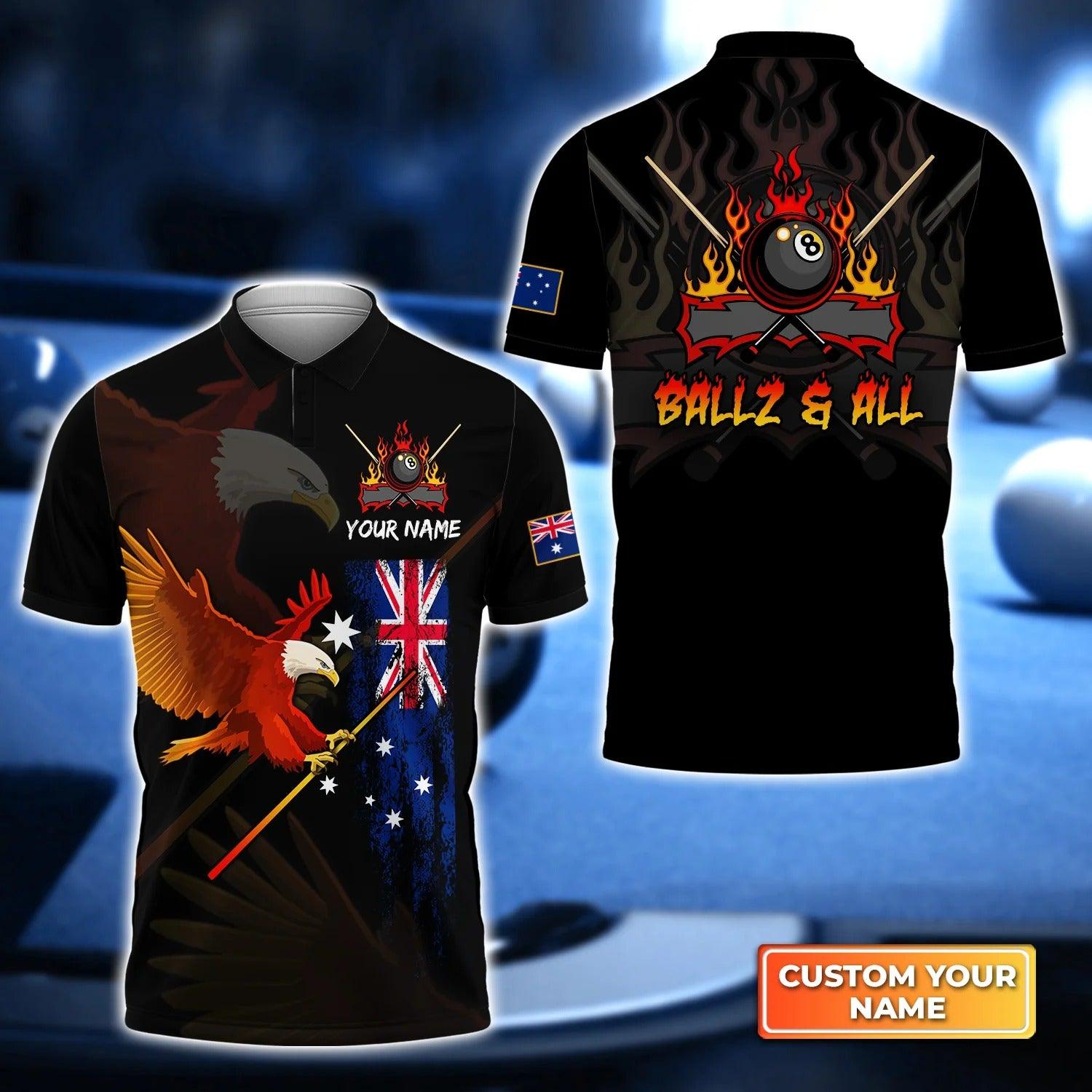 Custom Billiard Men Polo Shirt - Eagle BALLZ & ALL Team Bones 8 Ball Australia Flag Billiards Personalized Name - Perfect Billiard Polo Shirt For Men - Amzanimalsgift