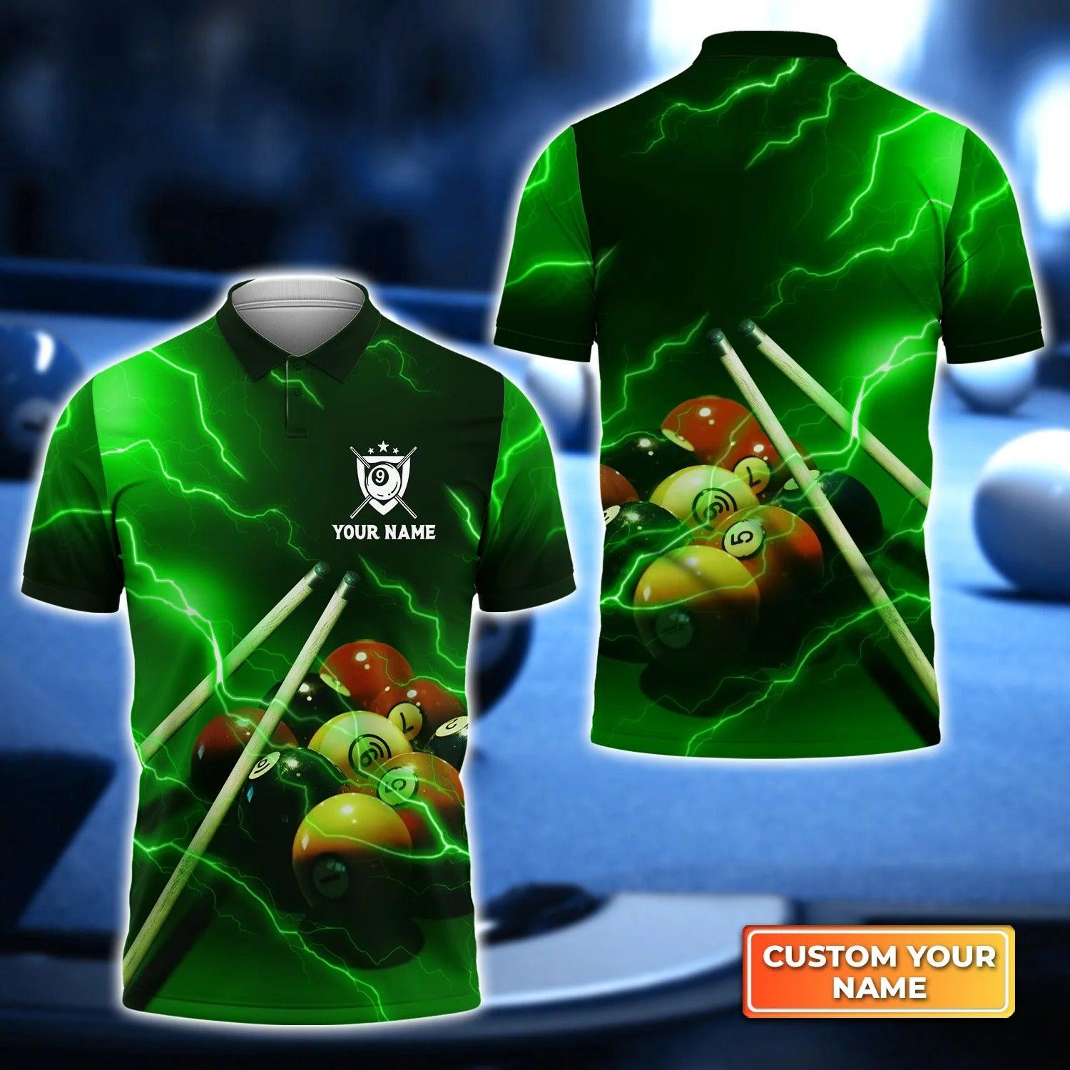 Custom Billiard Men Polo Shirt, Green Lightning, Billiards 9 Ball Thunder Lightning Fluor Green Personalized Name Polo Shirt, Gift For Billiard Lovers - Amzanimalsgift