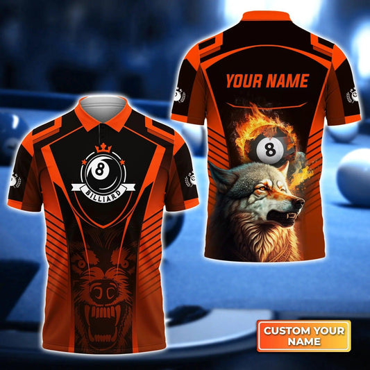 Custom Billiard Men Polo Shirt, Orange Wolf Billiard Pool 8 Ball Team Personalized Name Polo Shirt Gift, Gift For Men, Billiard Lover, Billiard Player - Amzanimalsgift