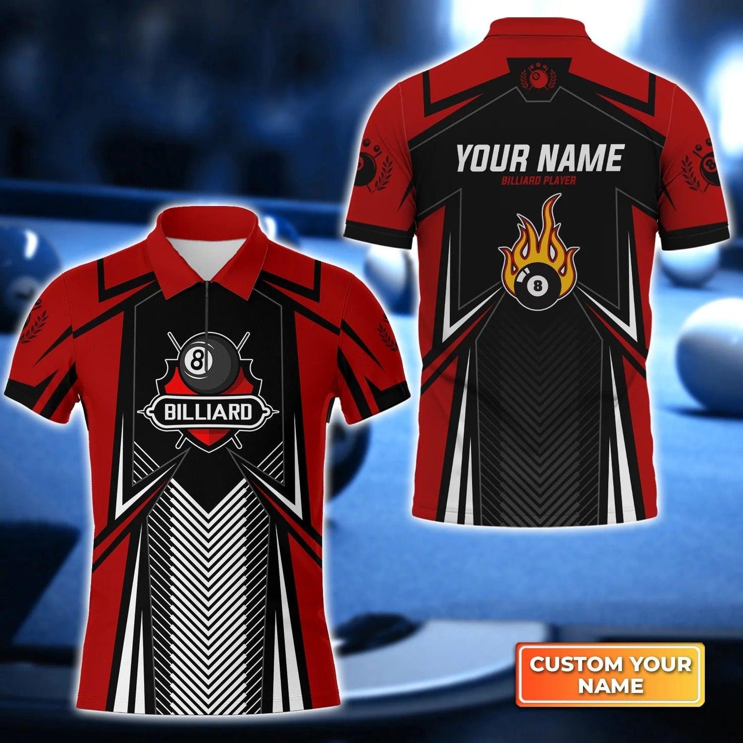 Custom Billiard Men Polo Shirt - Pool 8 Ball On Fire Red Personalized Name Polo Shirt - Perfect Billiard Polo Shirt For Men, Billiard Players - Amzanimalsgift