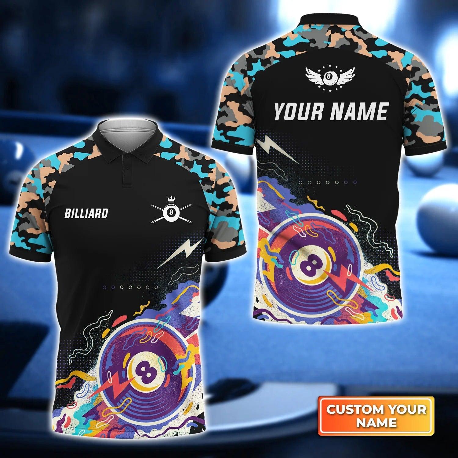Custom Billiard Men Polo Shirt, Pool 8 Colorful Ball Black Blue Watercolor Personalized Name Polo Shirt, Gift For Men, Billiard Lover, Billiard Player - Amzanimalsgift