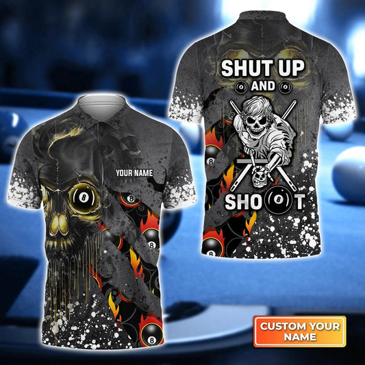 Custom Billiard Men Polo Shirt - Shut Up And Shoot Billiard Pool 8 Ball Personalized Name Polo Shirt, Perfect Billiard Polo Shirt For Men - Amzanimalsgift