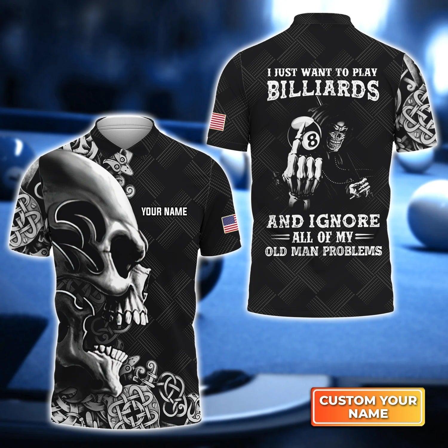 Custom Billiard Men Polo Shirt, Skull Billiards 8-Ball Pool Player Old Men Personalized Name Polo Shirt, Perfect Gift For Billiard Lovers, Players - Amzanimalsgift