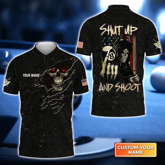 Custom Billiard Men Polo Shirt, Skull Billiards American Flag Pool 8 Ball Shut Up And Shoot Personalized Name Polo Shirt, Gift For Billiards Lovers - Amzanimalsgift