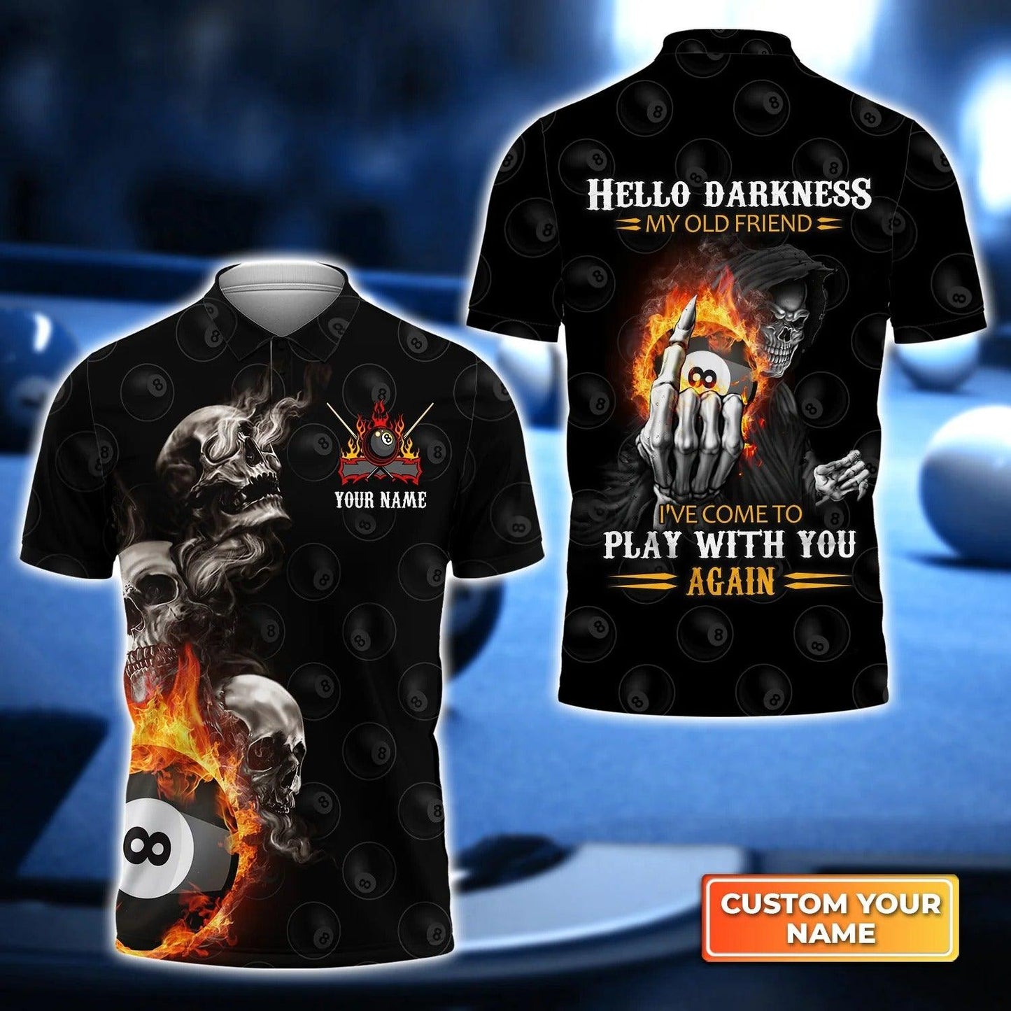 Custom Billiard Men Polo Shirt - Skull Reaper Billiard Pool 8 Ball Hello Darkness My Old Friend Personalized Name Polo Shirt Gift For Men - Amzanimalsgift