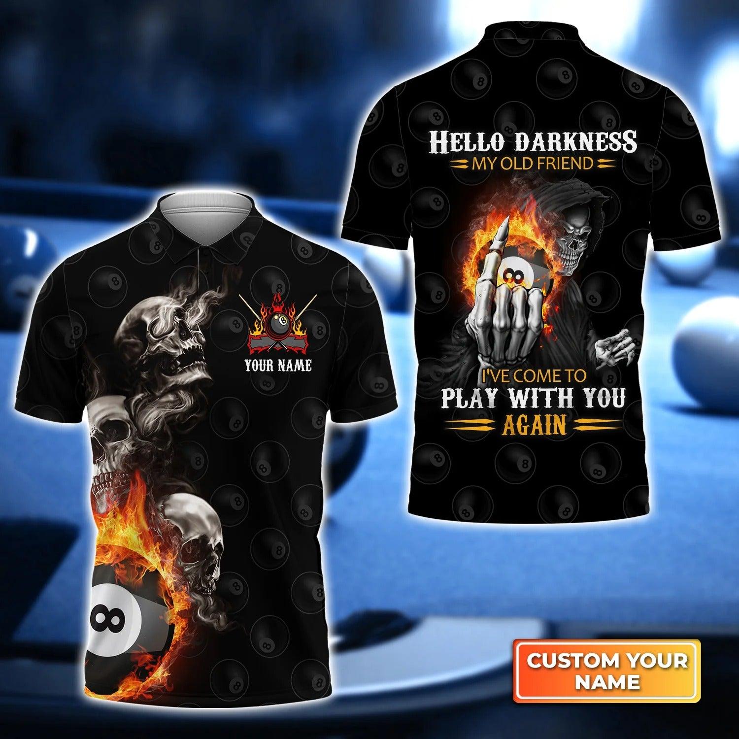 Custom Billiard Men Polo Shirt - Skull Reaper Billiard Pool 8 Ball Hello Darkness My Old Friend Personalized Name Polo Shirt Gift For Men - Amzanimalsgift