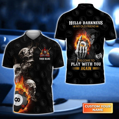Custom Billiard Men Polo Shirt - Skull Reaper Billiard Pool 8 Ball Hello Darkness My Old Friend Personalized Name Polo Shirt Gift For Men - Amzanimalsgift