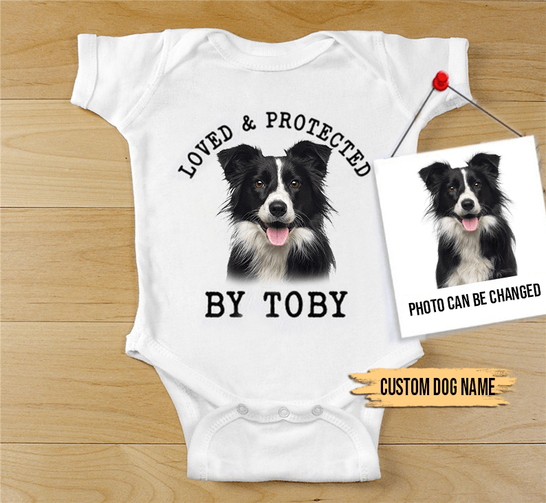 Custom Border Collie Baby Onesies, Loved & Protected By Custom Dog Baby Onesies, Personalized Onesies, Newborn Onesies - Perfect Gift For Baby, Baby Gift Onesie - Amzanimalsgift