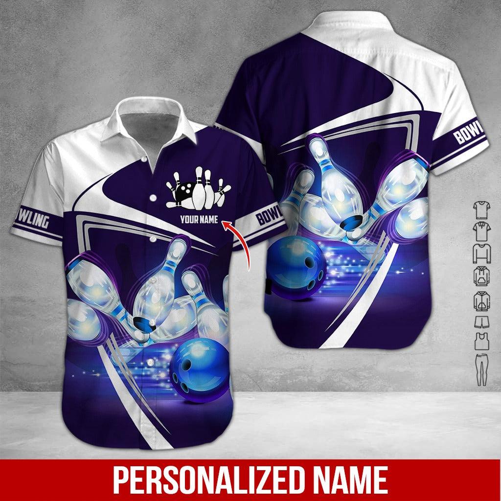 Custom Bowling Aloha Hawaiian Shirt - Black Bowling Ball Pattern And Blue Purple Background Personalized Name Hawaiian Shirt For Men & Women, Bowling Lover - Amzanimalsgift