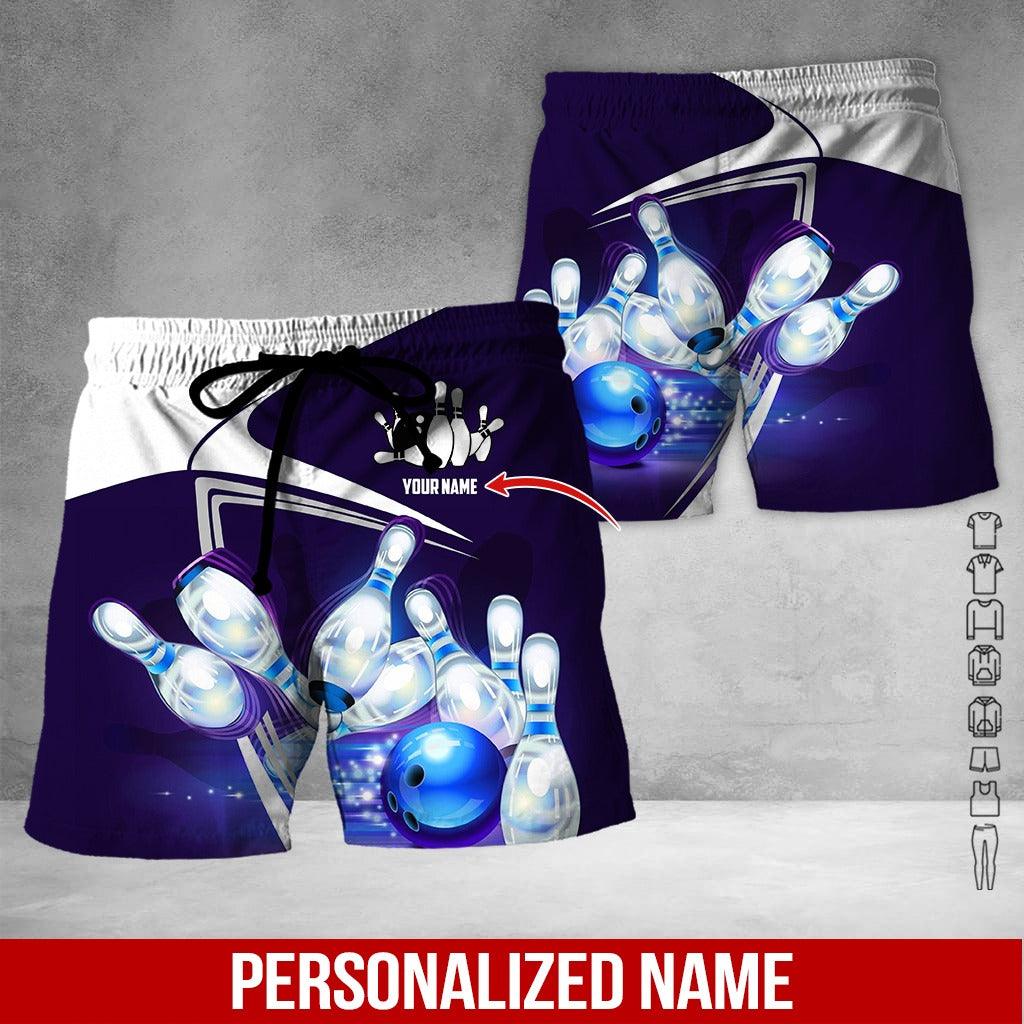 Custom Bowling Aloha Hawaiian Shirt - Black Bowling Ball Pattern And Blue Purple Background Personalized Name Hawaiian Shirt For Men & Women, Bowling Lover - Amzanimalsgift