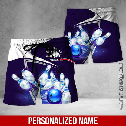 Custom Bowling Aloha Hawaiian Shirt - Black Bowling Ball Pattern And Blue Purple Background Personalized Name Hawaiian Shirt For Men & Women, Bowling Lover - Amzanimalsgift
