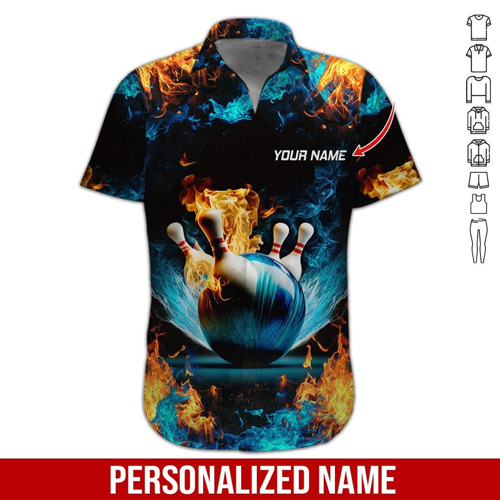Custom Bowling Aloha Hawaiian Shirt - Blue Fire Bowling Ball Pattern Personalized Name Hawaiian Shirt For Men & Women, Bowling Lover - Amzanimalsgift