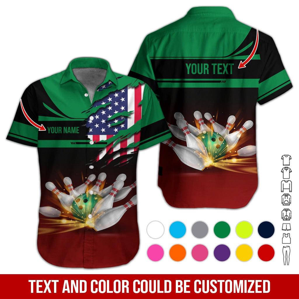 Custom Bowling Aloha Hawaiian Shirt - Bowling Ball And American Flag Personalized Name Hawaiian Shirt For Men & Women, Bowling Lover - Amzanimalsgift
