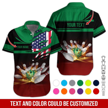 Custom Bowling Aloha Hawaiian Shirt - Bowling Ball And American Flag Personalized Name Hawaiian Shirt For Men & Women, Bowling Lover - Amzanimalsgift