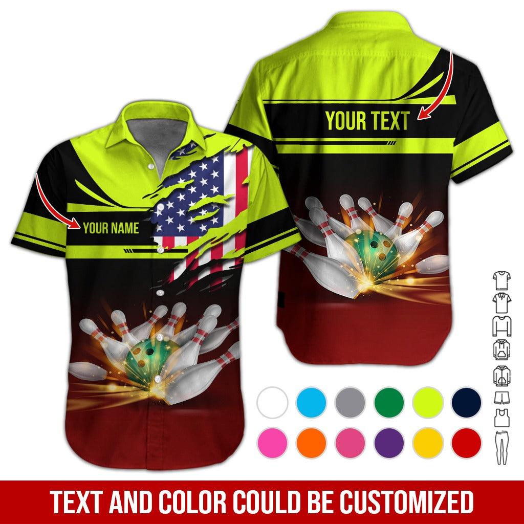 Custom Bowling Aloha Hawaiian Shirt - Bowling Ball And American Flag Personalized Name Hawaiian Shirt For Men & Women, Bowling Lover - Amzanimalsgift