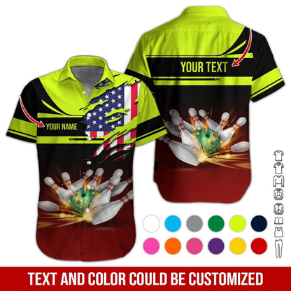 Custom Bowling Aloha Hawaiian Shirt - Bowling Ball And American Flag Personalized Name Hawaiian Shirt For Men & Women, Bowling Lover - Amzanimalsgift