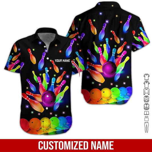 Custom Bowling Aloha Hawaiian Shirt - Bowling Ball Rainbow Personalized Name Hawaiian Shirt For Men & Women, Bowling Lover - Amzanimalsgift