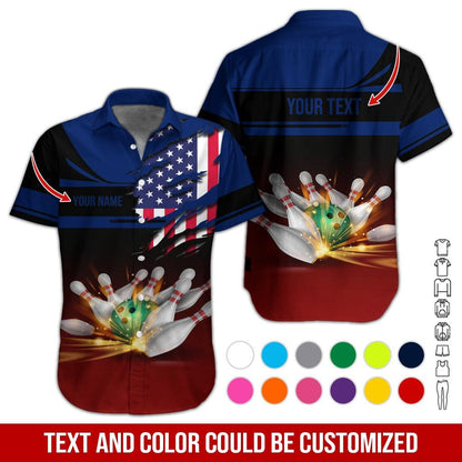 Custom Bowling Aloha Hawaiian Shirt - Colorful Bowling Ball And American Flag Personalized Name Hawaiian Shirt For Men & Women, Bowling Lover - Amzanimalsgift