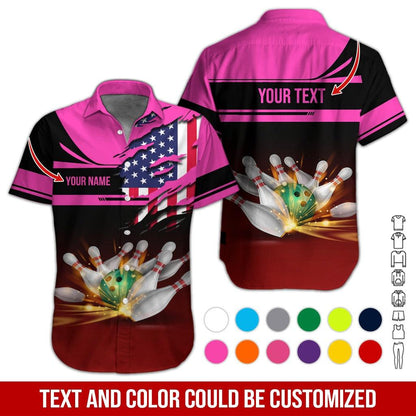 Custom Bowling Aloha Hawaiian Shirt - Colorful Bowling Ball And American Flag Personalized Name Hawaiian Shirt For Men & Women, Bowling Lover - Amzanimalsgift